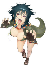 Rule 34 | 1girl, animal costume, bad id, bad pixiv id, black hair, breasts, cleavage, collar, deviljho, drooling, fangs, fingerless gloves, fingernails, from above, gloves, heart, heart-shaped pupils, large breasts, long fingernails, looking at viewer, messy hair, monster girl, monster hunter (series), personification, red eyes, saliva, short hair, solo, spiked collar, spikes, symbol-shaped pupils, tongue, tongue out, washi no tosaka, white background