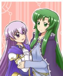 Rule 34 | 2girls, :d, armor, armored dress, belly chain, blue dress, blush, breastplate, cape, cecilia (fire emblem), cecilia (fire emblem) (cosplay), cloak, cosplay, costume switch, dress, elbow gloves, fire emblem, fire emblem: the binding blade, gloves, green eyes, green hair, jewelry, long hair, looking at another, looking up, multiple girls, nintendo, open mouth, pink background, purple eyes, purple hair, reverse (bluefencer), smile, sophia (fire emblem), sophia (fire emblem) (cosplay), white armor
