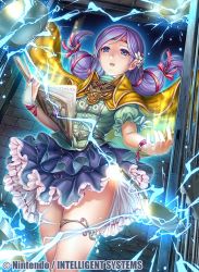 Rule 34 | 1girl, book, bow, bowtie, cape, circlet, commentary request, company connection, copyright name, electricity, fire emblem, fire emblem: path of radiance, fire emblem: radiant dawn, fire emblem cipher, fumi (butakotai), hair bow, hair ornament, holding, holding book, ilyana (fire emblem), indoors, light purple hair, long hair, miniskirt, nintendo, official art, open mouth, puffy short sleeves, puffy sleeves, short sleeves, skirt, solo, thigh strap