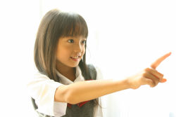 riko, long hair, photo (medium), pointing, school uniform, solo. asian chil...