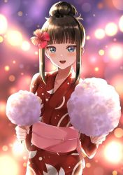 Rule 34 | 1girl, :d, absurdres, black hair, blue eyes, blunt bangs, collarbone, commentary request, cotton candy, floral print, flower, food, hair bun, hair flower, hair ornament, highres, holding, holding food, huge filesize, japanese clothes, kimono, kurosawa dia, long sleeves, looking at viewer, love live!, love live! school idol festival, love live! sunshine!!, mole, mole under mouth, obi, open mouth, print kimono, red flower, red kimono, round teeth, sash, sidelocks, sin (sin52y), single hair bun, smile, solo, summer, teeth, upper teeth only, yukata