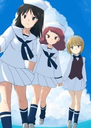 Rule 34 | 3girls, absurdres, bartender, black eyes, black hair, black neckwear, blonde hair, blouse, blue legwear, blue neckwear, blue sky, blunt bangs, bow, bowtie, brown vest, closed mouth, cloud, cloudy sky, commentary, curly hair, cutlass (girls und panzer), day, dixie cup hat, dress shirt, frown, girls und panzer, handkerchief, hat, highres, holding hands, loafers, long hair, long sleeves, looking at viewer, loose socks, maid headdress, military hat, miniskirt, multiple girls, murakami (girls und panzer), neckerchief, ogihara mach, ooarai naval school uniform, outdoors, pleated skirt, print legwear, red eyes, red hair, rum (girls und panzer), sailor, sailor collar, school uniform, shirt, shoes, short hair, skirt, sky, sleeves rolled up, smile, socks, standing, v-shaped eyebrows, vest, walking, white footwear, white headwear, white shirt, white skirt, wing collar, yellow eyes