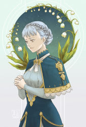 Rule 34 | 1girl, artist name, bad id, bad pixiv id, blue background, blue dress, braid, brown eyes, capelet, circle, colored eyelashes, cowboy shot, crown braid, dress, fire emblem, fire emblem: three houses, flower, grey background, grey hair, lace trim, leaf, lily of the valley, long sleeves, looking away, marianne von edmund, nintendo, orange eyes, own hands clasped, own hands together, pale skin, praying, sanxian (yzderia), signature, solo, star (sky)