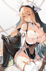 Rule 34 | 1girl, absurdres, azur lane, bare shoulders, black gloves, blonde hair, blush, breasts, chain, cleavage, covered navel, cross, gloves, habit, hair between eyes, highres, horns, huge breasts, implacable (azur lane), long hair, looking at viewer, nun, pelvic curtain, red eyes, revealing clothes, solo, tansuan (ensj3875), thighhighs, thighs, tongue, tongue out, veil, very long hair, wet, white thighhighs