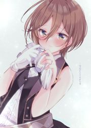 Rule 34 | 1girl, androgynous, bare arms, belt, black vest, blue eyes, blush, bob cut, bolo tie, brown hair, buttons, collared shirt, cross tie, dutch angle, embarrassed, frilled shirt, frilled sleeves, frills, gloves, unworn gloves, gradient eyes, hair between eyes, highres, holding, holding clothes, holding gloves, jewelry, long bangs, magia record: mahou shoujo madoka magica gaiden, magical girl, mahou shoujo madoka magica, multicolored eyes, ring, sakura romu, sasame yozuru, shirt, short hair, simple background, single sleeve, solo, sparkle background, swept bangs, tomboy, upper body, vest, white background, yellow eyes