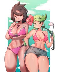 Rule 34 | 2girls, absurdres, alternate costume, bikini, bikini top only, black hair, blue background, breasts, bright pupils, brown eyes, collarbone, creatures (company), dark-skinned female, dark skin, female focus, frilled bikini, frills, game freak, green eyes, green hair, hand on own hip, highres, island kahuna, jewelry, kenron toqueen, large breasts, legs apart, looking at viewer, mallow (pokemon), multiple girls, narrow waist, navel, necklace, nintendo, olivia (pokemon), outdoors, pokemon, pokemon sm, purple bikini, red bikini, shiny skin, short hair, short shorts, shorts, side-tie bikini bottom, skindentation, sky, smile, standing, stomach, sun, swept bangs, swimsuit, thighs, tongue, tongue out, tree, twintails, wide hips