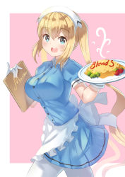 Rule 34 | 1girl, :d, absurdres, apron, blend s, blonde hair, blue dress, blue eyes, blush, breasts, cherry tomato, collared dress, commentary request, copyright name, dress, english text, food, frilled apron, frills, from side, gloves, hair between eyes, highres, hinata kaho, holding, holmemee, ketchup, large breasts, long hair, looking at viewer, menu, omelet, omurice, open mouth, pantyhose, pink background, pinky out, plate, puffy short sleeves, puffy sleeves, short sleeves, smile, solo, tomato, twintails, very long hair, waist apron, waitress, white apron, white gloves, white pantyhose