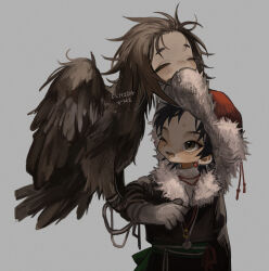 Rule 34 | 1boy, 1girl, artist name, biting, biting clothes, black hair, brown eyes, brown feathers, brown hair, closed eyes, coat, commentary, earrings, facing viewer, falconry, falconry glove, feathers, fur-trimmed coat, fur hat, fur trim, gloves, grey background, grey gloves, harpy, hat, human head, ishida umi, jewelry, long sleeves, looking at another, lower teeth only, medium hair, messy hair, monster girl, one eye closed, open mouth, original, red headwear, simple background, single glove, standing, symbol-only commentary, teeth, upper body, watermark