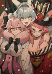 Rule 34 | 3girls, animal ear fluff, animal ears, black bow, black bowtie, black headwear, blue eyes, blush, bow, bowtie, breasts, buttons, cape, cleavage, closed mouth, commentary request, dobrynya nikitich (fate), dress, dual persona, fangs, fate/grand order, fate (series), fox girl, fur-trimmed cape, fur trim, glasses, grey-framed eyewear, grey hair, hair between eyes, hair bow, hair intakes, hat, highres, koyanskaya (assassin) (second ascension) (fate), koyanskaya (fate), koyanskaya (foreigner) (second ascension) (fate), large breasts, long hair, looking at viewer, multiple girls, none (kameko227), open mouth, pink hair, rabbit ears, red dress, smile, swept bangs, tamamo (fate), top hat, twintails, very long hair, white cape, yellow eyes