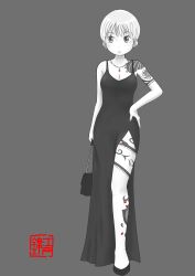 Rule 34 | 1girl, absurdres, artist logo, bag, bare shoulders, breasts, cleavage, commentary, dress, ear piercing, earrings, edo nishiki, fashion, fish tattoo, flower tattoo, full body, greyscale, hand on own hip, highres, holding, holding bag, jewelry, leg tattoo, long dress, looking at viewer, medium breasts, monochrome, necklace, original, piercing, short hair, shoulder tattoo, side slit, sleeveless, sleeveless dress, snake tattoo, solo, spot color, standing, tattoo