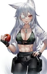 Rule 34 | 1girl, abs, animal ear fluff, animal ears, apple, belt, belt pouch, bikini, bikini top only, black gloves, black pants, breasts, camouflage, camouflage bikini, cleavage, closed mouth, cowboy shot, dog tags, ear piercing, eyepatch, fingerless gloves, food, fox ears, fox girl, fox tail, fruit, gloves, green bikini, hand on own hip, highres, holding, holstered, kawachi rin, large breasts, long hair, looking at viewer, midriff, mole, mole on breast, navel, open clothes, open shirt, original, pants, piercing, pouch, red eyes, scar, scar on stomach, shirt, simple background, smile, solo, standing, stomach, string bikini, swimsuit, tail, thigh pouch, tongue, tongue out, white background, white hair, white shirt