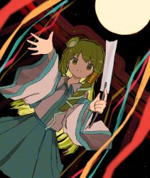 Rule 34 | 1girl, absurdres, aqua skirt, commentary request, cowboy shot, dot nose, dutch angle, frog hair ornament, full moon, gohei, green eyes, green hair, hair ornament, hair tubes, highres, holding, kochiya sanae, long hair, long sleeves, looking at viewer, moon, neruzou, night, night sky, outstretched arm, pleated skirt, reaching, reaching towards viewer, shirt, skirt, sky, smile, snake hair ornament, solo, streamers, touhou, white shirt, wide sleeves