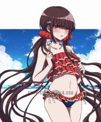 Rule 34 | 1girl, bare arms, bare shoulders, bikini, blue bikini, blunt bangs, blush, cloud, collarbone, commentary, cowboy shot, criis-chan, danganronpa (series), danganronpa v3: killing harmony, frills, hair ornament, hairclip, halterneck, hands up, harukawa maki, holding, holding own hair, long hair, looking at viewer, low twintails, messy hair, mole, mole under eye, navel, open mouth, red bikini, red eyes, side-tie bikini bottom, solo, stomach, swimsuit, symbol-only commentary, thigh gap, twintails, twitter username, v-shaped eyebrows, very long hair