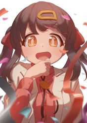 Rule 34 | 1girl, :d, absurdres, black hair, bolo tie, commentary, confetti, hair ornament, hairclip, highres, lab coat, long hair, long sleeves, looking at viewer, multicolored hair, new makura, onii-chan wa oshimai!, open mouth, orange eyes, oyama mihari, purple hair, red shirt, shirt, simple background, smile, solo, streamers, symbol-only commentary, twintails, two-tone hair, white background