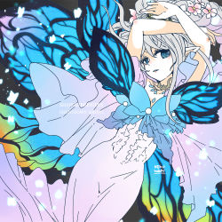 Rule 34 | 1girl, arms up, artist name, blue eyes, blue wings, braid, butterfly wings, dress, fairy, final fantasy, final fantasy xiv, flower, gradient background, hair between eyes, hair flower, hair ornament, insect wings, jewelry, lili mdoki, long hair, necklace, parted lips, pink flower, pointy ears, silver hair, single braid, solo, tiara, titania (final fantasy), white dress, wings