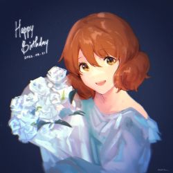Rule 34 | bare shoulders, bouquet, brown eyes, brown hair, dated, flower, hands up, happy birthday, hibike! euphonium, highres, holding, holding bouquet, long sleeves, looking at viewer, off-shoulder shirt, off shoulder, open mouth, oumae kumiko, ratifuu, shirt, short hair, smile, teeth, upper teeth only, white flower, white shirt
