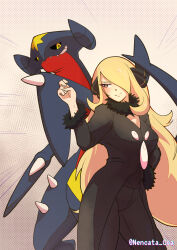 Rule 34 | 1girl, blonde hair, blush, closed mouth, coa nencata, coat, commentary request, creatures (company), cynthia (pokemon), emphasis lines, fur-trimmed coat, fur collar, fur trim, game freak, garchomp, gen 4 pokemon, hair ornament, hair over one eye, hand on own hip, hand up, highres, long hair, looking to the side, nintendo, pants, pokemon, pokemon (creature), pokemon dppt, shirt, smile, watermark
