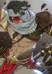 Rule 34 | 1boy, abs, armor, belt, black gloves, black hair, blindfold, body markings, brown belt, commentary request, covered mouth, dark-skinned male, dark skin, debris, dreadlocks, eremite stone enchanter (genshin impact), facial mark, genshin impact, gloves, grey background, highres, jewelry, linreplica, male focus, pants, red blindfold, ring, rock, scarf, shoulder armor, simple background, solo, turban, white headwear, white pants, white scarf
