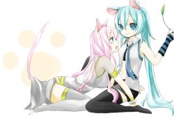 Rule 34 | 00s, 2girls, animal ears, aqua hair, artist request, bad id, bad pixiv id, blue eyes, cat ears, cat tail, cat teaser, hatsune miku, lifted by tail, long hair, megurine luka, mouse ears, multiple girls, navel, skirt, smile, tail, thighhighs, twintails, very long hair, vocaloid, znrdnp