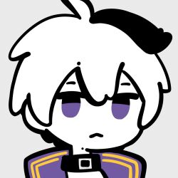 Rule 34 | 1girl, :&lt;, ahoge, androgynous, closed mouth, collar, expressionless, flat color, flower (vocaloid), flower (vocaloid4), high collar, inemuri (jdq5e), looking at viewer, multicolored hair, no sclera, portrait, purple eyes, short hair, simple background, solo, streaked hair, thick outlines, vocaloid, white background