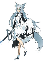 1girl absurdres alternate_costume animal_ear_fluff animal_ears apron aqua_eyes arknights black_dress commentary_request dress enmaided eyes_visible_through_hair frilled_apron frilled_dress frills full_body grey_hair grey_tail grin hair_between_eyes highres holding holding_sword holding_weapon kakaricho_dairi lappland_(arknights) long_hair long_sleeves looking_at_viewer maid maid_apron scar scar_across_eye simple_background smile solo standing sword tail weapon white_apron white_background wolf_ears wolf_girl wolf_tail