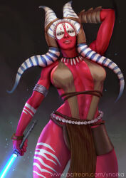 Rule 34 | 1girl, abs, alien, alternate costume, arm behind head, armlet, bangle, blue lightsaber, bracelet, breasts, colored skin, cowboy shot, energy sword, facial tattoo, forehead jewel, hand on own head, holding lightsaber, jedi, jewelry, large breasts, leg tattoo, lightsaber, looking at viewer, paid reward available, pelvic curtain, pinup (portrait), red skin, shaak ti, simple background, solo, standing, star wars, sword, tattoo, tentacle hair, thick thighs, thighs, togruta, tribal tattoo, weapon, ynorka chiu