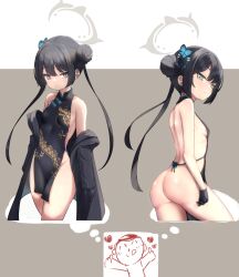 Rule 34 | 1boy, 1girl, apron, ass, bare shoulders, black apron, black dress, black gloves, black hair, blue archive, blush, breasts, butterfly hair ornament, china dress, chinese clothes, closed mouth, coat, commentary request, dongchuan, doodle sensei (blue archive), double bun, dragon print, dress, gloves, grey eyes, hair bun, hair ornament, halo, jacket, kisaki (blue archive), long hair, looking at viewer, multiple views, naked apron, pinstripe jacket, pinstripe pattern, sensei (blue archive), sideboob, simple background, sleeveless, small breasts, striped clothes, striped coat, striped jacket, thighs, thought bubble, twintails, vertical-striped clothes, vertical-striped jacket