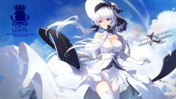 Rule 34 | 1girl, absurdres, azur lane, blue eyes, blunt bangs, breasts, character name, cleavage, day, dress, elbow gloves, garter straps, gloves, hat, highres, illustrious (azur lane), legs together, long hair, motion blur, outdoors, solo, standing, thighhighs, very long hair, white hair, white hat, white thighhighs