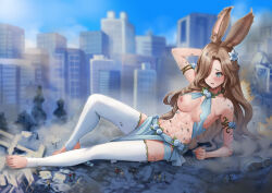 Rule 34 | 1girl, 6+others, abs, absurdres, animal ears, arm behind head, arm support, armlet, blue eyes, blurry, blush, braid, breasts, brown hair, building, city, commission, depth of field, destruction, fire, flower, flower armlet, giant, giantess, hair flower, hair ornament, hair over one eye, high heels, highres, long hair, medium breasts, multiple others, nail polish, navel, nipples, open mouth, original, pelvic curtain, rabbit ears, rabbit girl, rabbit tail, rubble, sahara1127, shoes, single braid, size difference, skeb commission, small sweatdrop, tail, thighhighs, toeless legwear, toenail polish, toenails, toned, torn clothes, tree, unworn shoes, very long hair, wavy mouth, white thighhighs