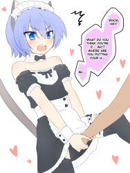 Rule 34 | 1boy, alternate costume, animal ears, apron, black legwear, blue eyes, blush, cat boy, cat ears, cat tail, clothes lift, crossdressing, detached collar, doutika, enmaided, flat color, hand under clothes, hard-translated, heart, ledo vassar, maid, maid apron, maid headdress, male focus, male hand, open mouth, out of frame, pop-up story, silver hair, skirt, skirt lift, skirt tug, solo focus, tail, thighhighs, third-party edit, translated, trap, waist apron, white background