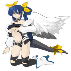 Rule 34 | 1girl, arc system works, asymmetrical wings, blue hair, breasts, dizzy (guilty gear), guilty gear, large breasts, niwacho, red eyes, ribbon, simple background, solo, tail, tail ornament, tail ribbon, thighhighs, underboob, white background, wings