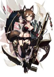 Rule 34 | 1girl, animal ears, arm up, black footwear, black gloves, black thighhighs, book, boots, breasts, brown hair, cleavage, closed mouth, commentary, crop top, cropped jacket, dog ears, dog girl, dog tail, elbow gloves, full body, garter straps, gloves, gun, head tilt, highres, holding, jacket, knee boots, large breasts, mecha musume, midriff, natori youkai, navel, open book, original, pencil, red jacket, red shorts, scythe, short hair, short shorts, short sleeves, shorts, solo, standing, standing on one leg, tail, thighhighs, thighhighs under boots, weapon, yellow eyes