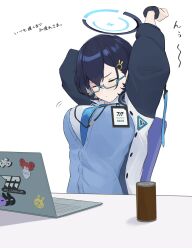 Rule 34 | 1girl, arm behind back, arms up, blue archive, blue hair, blue necktie, can, chihiro (blue archive), closed eyes, closed mouth, collared shirt, commentary request, computer, glasses, green-framed eyewear, hair ornament, halo, highres, id card, jacket, laptop, long sleeves, mikai 2035, necktie, open clothes, open jacket, scrunchie, semi-rimless eyewear, shirt, short hair, simple background, solo, stretching, translation request, upper body, white background, white shirt, wrist scrunchie