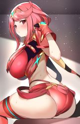 Rule 34 | 1girl, absurdres, armor, ass, bare back, blush, breasts, enishi96, fingerless gloves, gloves, headpiece, highres, huge breasts, looking at viewer, pyra (xenoblade), red eyes, red hair, red shorts, red thighhighs, short hair, short shorts, shorts, shoulder armor, simple background, sitting, sweat, swept bangs, thick thighs, thighhighs, thighs, tiara, xenoblade chronicles (series), xenoblade chronicles 2