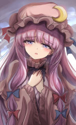 Rule 34 | 1girl, blue bow, blue ribbon, blunt bangs, blush, bow, bowtie, capelet, collar, commentary, crescent, crescent hat ornament, hair bow, hands on own chest, hat, hat ornament, hat ribbon, head tilt, highres, long hair, looking at viewer, mob cap, namiki (remiter00), open mouth, patchouli knowledge, purple bow, purple bowtie, purple eyes, purple hair, red bow, red ribbon, ribbon, robe, solo, touhou, upper body, very long hair, wide sleeves