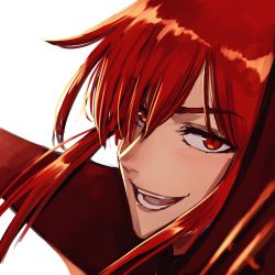 Rule 34 | 1girl, close-up, fate/grand order, fate (series), fumato, long hair, oda nobunaga (fate), oda nobunaga (koha-ace), oda nobunaga (maou avenger) (fate), open mouth, popped collar, portrait, red eyes, red hair, simple background, smile, solo, teeth, white background