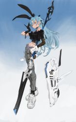 Rule 34 | 1girl, absurdres, black shirt, blue hair, clothing cutout, cropped shirt, gloves, grey pants, hair behind ear, head tilt, highres, holding, holding polearm, holding weapon, lance, leaning back, long hair, looking down, navel, off-shoulder shirt, off shoulder, original, pants, polearm, science fiction, shirt, shoes, shoulder cutout, sketch, sneakers, solo, wan young yun, weapon, white footwear, white gloves, yellow eyes