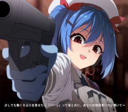 1girl blue_gloves blue_hair colphne_(girls&#039;_frontline_2) earphones girls&#039;_frontline_2:_exilium gloves gun hair_between_eyes hair_ornament hair_ribbon hairclip handgun hat holding holding_gun holding_weapon jacket long_sleeves looking_at_viewer necono_(nekonosora1207) open_mouth red_eyes red_ribbon ribbon shaded_face solo teeth translation_request twintails weapon white_jacket