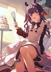 Rule 34 | 1girl, absurdres, apron, black dress, blush, cake, cookie, dress, fang, food, gloves, highres, holding, holding whisk, hololive, hololive english, jiang ye kiri, long hair, looking at viewer, mole, mole under eye, ninomae ina&#039;nis, ninomae ina&#039;nis (6th costume), official alternate costume, open mouth, pointy ears, purple eyes, purple hair, sidelocks, smile, solo, tentacle hair, virtual youtuber, whisk, white apron, white gloves
