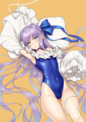 Rule 34 | 1girl, armpits, arms up, bare shoulders, blue eyes, blue leotard, blue one-piece swimsuit, blue ribbon, brown background, choker, collarbone, covered navel, detached sleeves, fate/grand order, fate (series), gluteal fold, groin, hair intakes, hair ribbon, hair spread out, highres, leotard, long hair, long sleeves, looking at viewer, majiang, meltryllis, meltryllis (fate), meltryllis (swimsuit lancer) (fate), meltryllis (swimsuit lancer) (second ascension) (fate), one-piece swimsuit, parted lips, purple hair, ribbon, sidelocks, simple background, sleeves past fingers, sleeves past wrists, solo, swimsuit, thighs, very long hair, wide sleeves