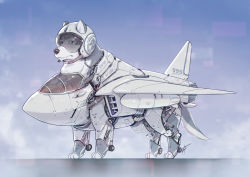 Rule 34 | aircraft, airplane, commentary, dog, eko999, english commentary, fighter jet, headset, helmet, highres, husky, jet, looking ahead, military, military vehicle, no humans, original, smoke, solo, standing
