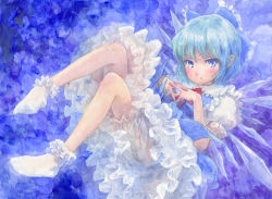 Rule 34 | 1girl, bloomers, blue eyes, blue hair, blue theme, bobby socks, bow, cirno, dress, fingers together, hair bow, ice, ice wings, matching hair/eyes, misawa hiroshi, painting (medium), pointy ears, short hair, socks, solo, touhou, traditional media, underwear, watercolor (medium), wings