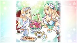 Rule 34 | 2girls, absurdres, blonde hair, blue eyes, blush, bouquet, bouquet (neptunia), bracelet, breasts, cake, candle, cookie, cup, cupcake, detached sleeves, dress, fairy wings, feeding, flower, food, four goddesses online: cyber dimension neptune, game cg, gloves, green dress, hair flower, hair ornament, hand on own chest, highres, holding, holding plate, jewelry, large breasts, long hair, multiple girls, necklace, necktie, neptune (series), plate, sitting, sleeve cuffs, smile, table, teacup, teapot, tsunako, vert (neptunia), white dress, white gloves, wings
