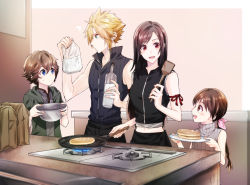 Rule 34 | 2boys, 2girls, absurdres, apron, arm ribbon, bare shoulders, black hair, blonde hair, blue eyes, braid, braided ponytail, brown eyes, brown hair, child, cloud strife, cooking, crop top, denzel (ff7), earrings, family, final fantasy, final fantasy vii, final fantasy vii advent children, high collar, highres, holding, indoors, jewelry, kitchen, long hair, looking at another, marlene wallace, midriff peek, mizuamememe, multiple boys, multiple girls, open mouth, pink ribbon, red eyes, ribbon, sleeveless, sleeveless turtleneck, spiked hair, tifa lockhart, turtleneck, waist apron