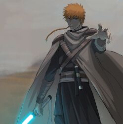 Rule 34 | 1boy, absurdres, asure (asure twi), black cloak, bleach, brown eyes, cloak, commentary, crossover, english commentary, highres, holding, holding lightsaber, kurosaki ichigo, lightsaber, long sleeves, looking at viewer, male focus, orange hair, outdoors, short hair, short hair with long locks, spiked hair, standing, star wars