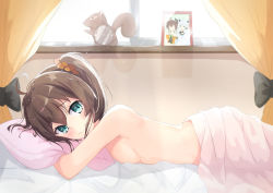 Rule 34 | 1girl, absurdres, ahoge, aqua eyes, backlighting, bed sheet, breasts, brown hair, clock, closed mouth, commentary request, curtains, hair ornament, hair scrunchie, highres, hololive, looking at viewer, lying, naked sheet, natsuiro matsuri, on bed, on stomach, one side up, photo (object), picture frame, pillow, scrunchie, shirakami fubuki, sidelocks, small breasts, smile, solo, starkamisan, topless, virtual youtuber, window