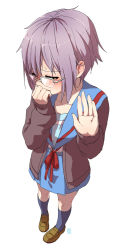 Rule 34 | 10s, 1girl, a-ka, blush, cardigan, collarbone, ear blush, ears, embarrassed, from above, full body, glasses, grey hair, hand up, kneehighs, loafers, long sleeves, looking away, nagato yuki, outstretched hand, perspective, school uniform, serafuku, shoes, short hair, simple background, socks, solo, standing, suzumiya haruhi no shoushitsu, suzumiya haruhi no yuuutsu, sweat
