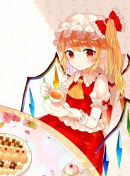 Rule 34 | 1girl, :/, ascot, blonde hair, blush, bow, commentary request, cookie, crystal, cup, flandre scarlet, flower, food, frilled bow, frills, hat, leaf, looking at viewer, mob cap, plate, pointy ears, puffy short sleeves, puffy sleeves, red bow, red eyes, red ribbon, red skirt, red vest, ribbon, sakizaki saki-p, short sleeves, side ponytail, sidelocks, sitting, skirt, solo, table, tablecloth, teacup, teapot, touhou, vampire, vest, white hat, wings, wrist cuffs, yellow ascot