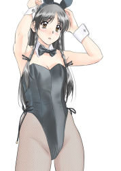 Rule 34 | 1990s (style), 1girl, animal ears, arms behind head, arms up, bare shoulders, black hair, blush, bow, bowtie, braid, breasts, brown eyes, cleavage, cowboy shot, detached collar, fake animal ears, fishnet pantyhose, fishnets, leotard, long hair, open mouth, pantyhose, playboy bunny, polorinken, rabbit ears, retro artstyle, sentimental graffiti, simple background, small breasts, solo, standing, sugihara manami, twin braids, white background, wrist cuffs
