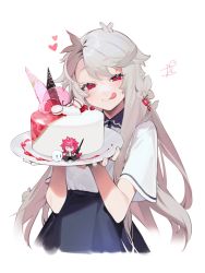 Rule 34 | 1girl, bad id, bad twitter id, black skirt, blush, cake, closed mouth, food, grey hair, heart, herme (ohisashiburi), highres, holding, holding plate, long hair, looking at viewer, ohisashiburi, original, plate, red eyes, short sleeves, skirt, smile, solo, tongue, tongue out, very long hair